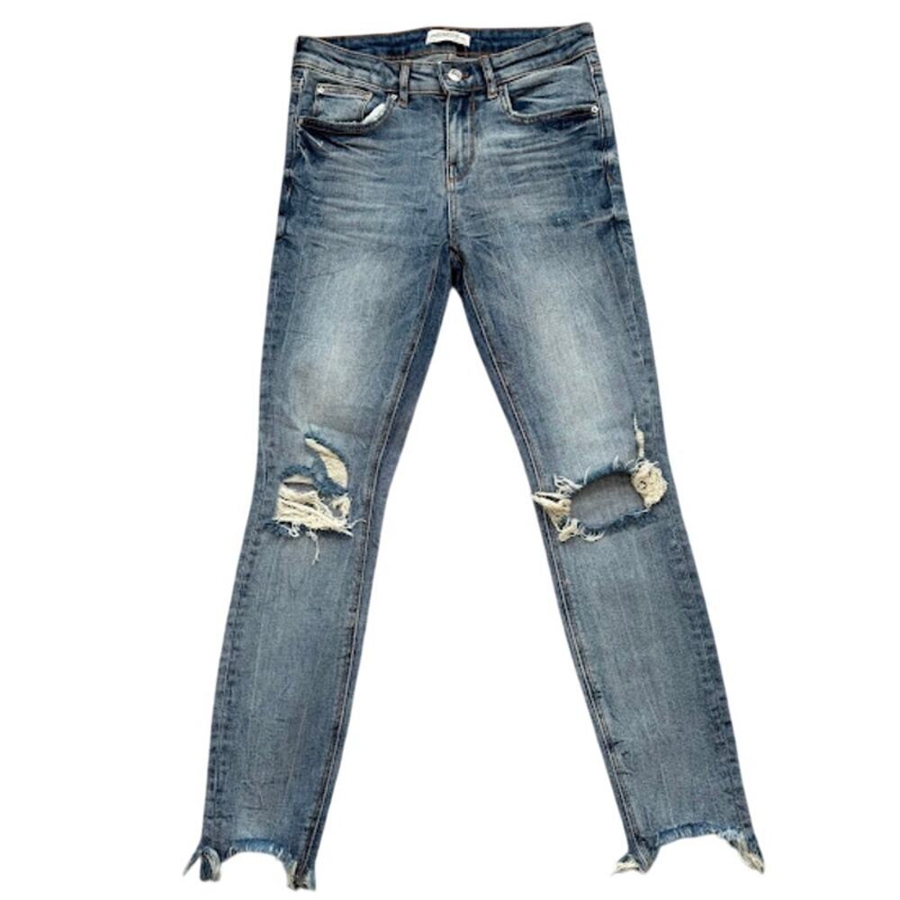 Zara‎ Woman Premium Denim Distressed Skinny Jeans Light Wash Raw Hem Size 4